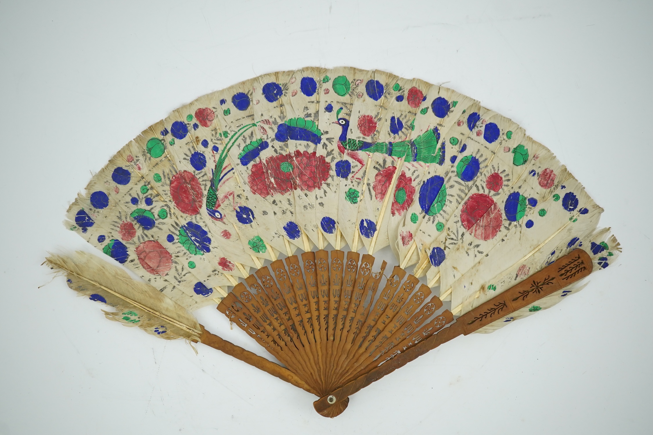 Three 19th century Chinese feather fans: One a carved bone brise black feather fan together with two similar carved sandalwood feather fans, two fans have hand painted decoration on the feathers both sides, the pink feat